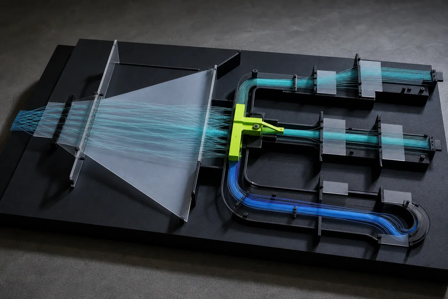 Abstract material study showing many signal paths reaching a bright human-control gate and separating into bounded routes